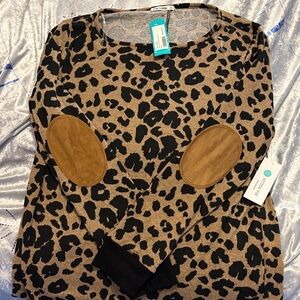 Pink Clover Leopard Print Sweatshirt with Tan Elbow Patches